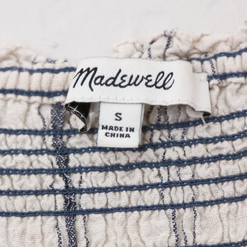 Madewell Striped Smocked Cami Jumpsuit S Cotton Linen Blend Tassel Strap Tie$138